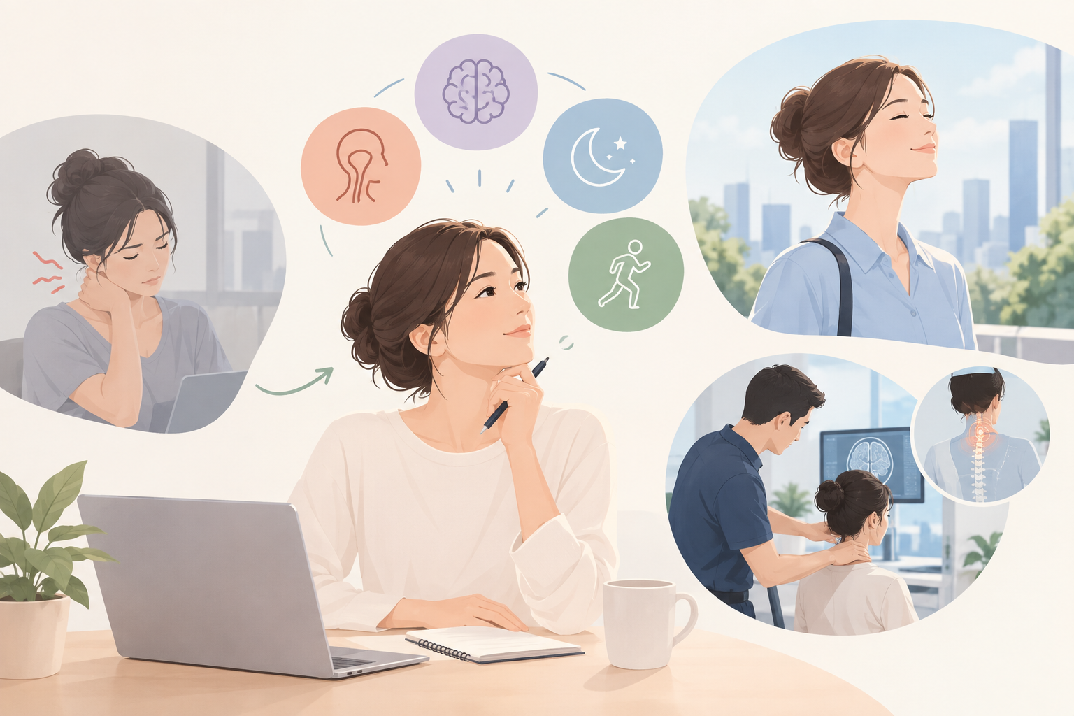 A woman with thought bubbles representing holistic health factors like sleep and movement, outdoor relaxation and a clinical assessment.