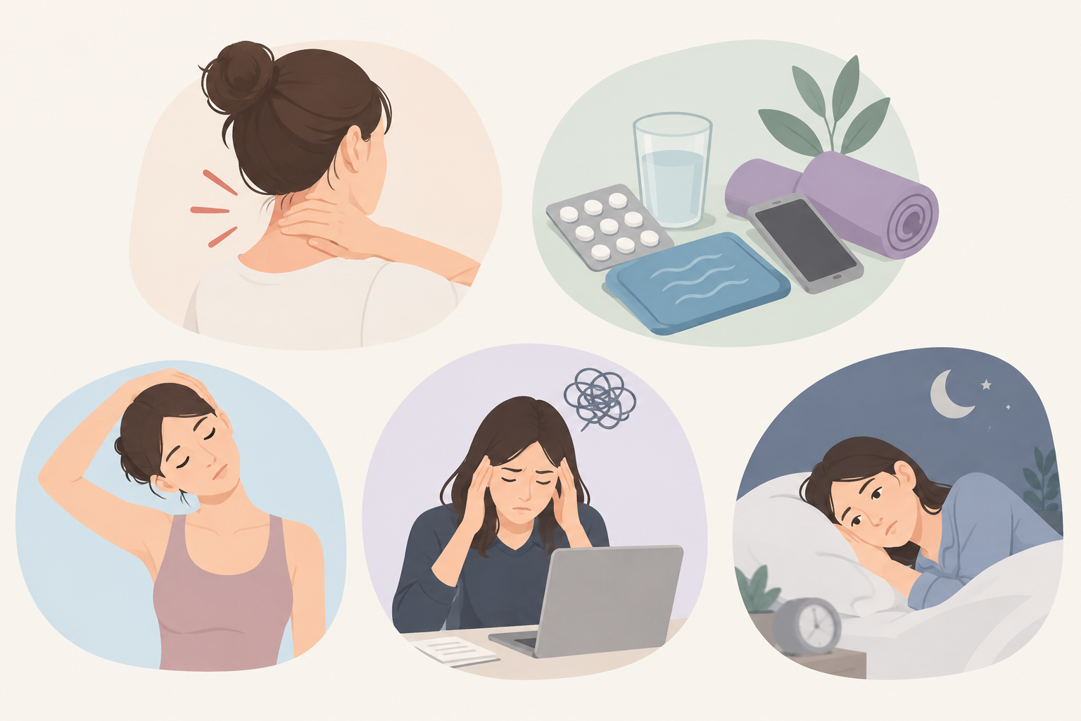 An illustration of common symptoms of being 'tired but wired,' including a person holding a painful neck, medications, and a frustrated woman unable to sleep at night.